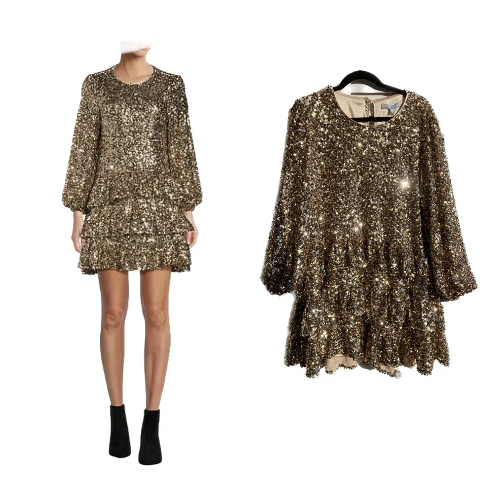 Antonio Melani Gold Sequin Ruffle Mini Dress Size 14 NWT